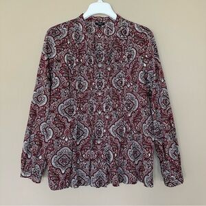 Talbots Women L Blouse Pleated Sparkle Red Paisley Bandana Preppy Old Money